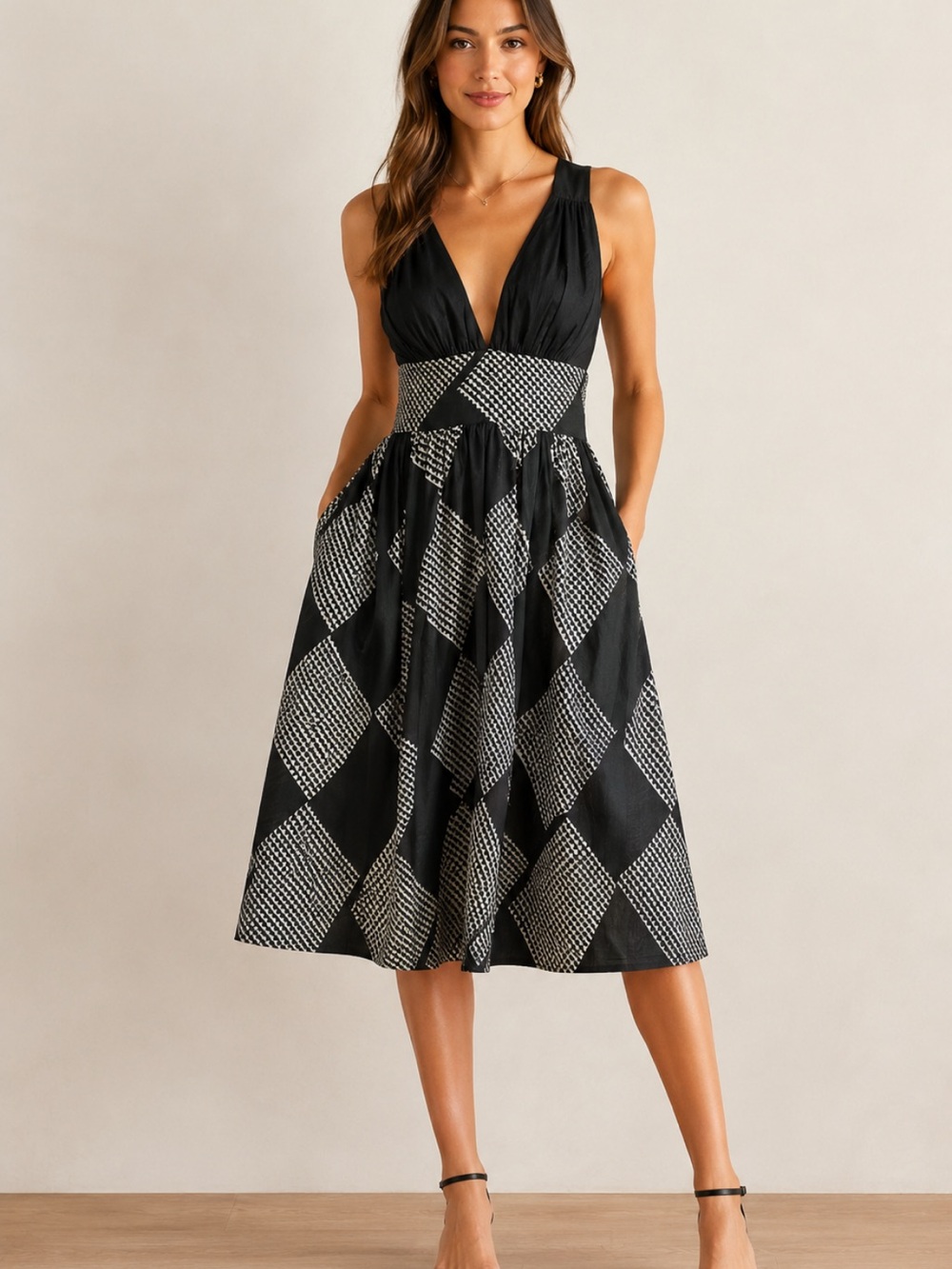 Anthropologie Black & White Geometric‎ Midi Dress Large Pockets Cotton Open Back